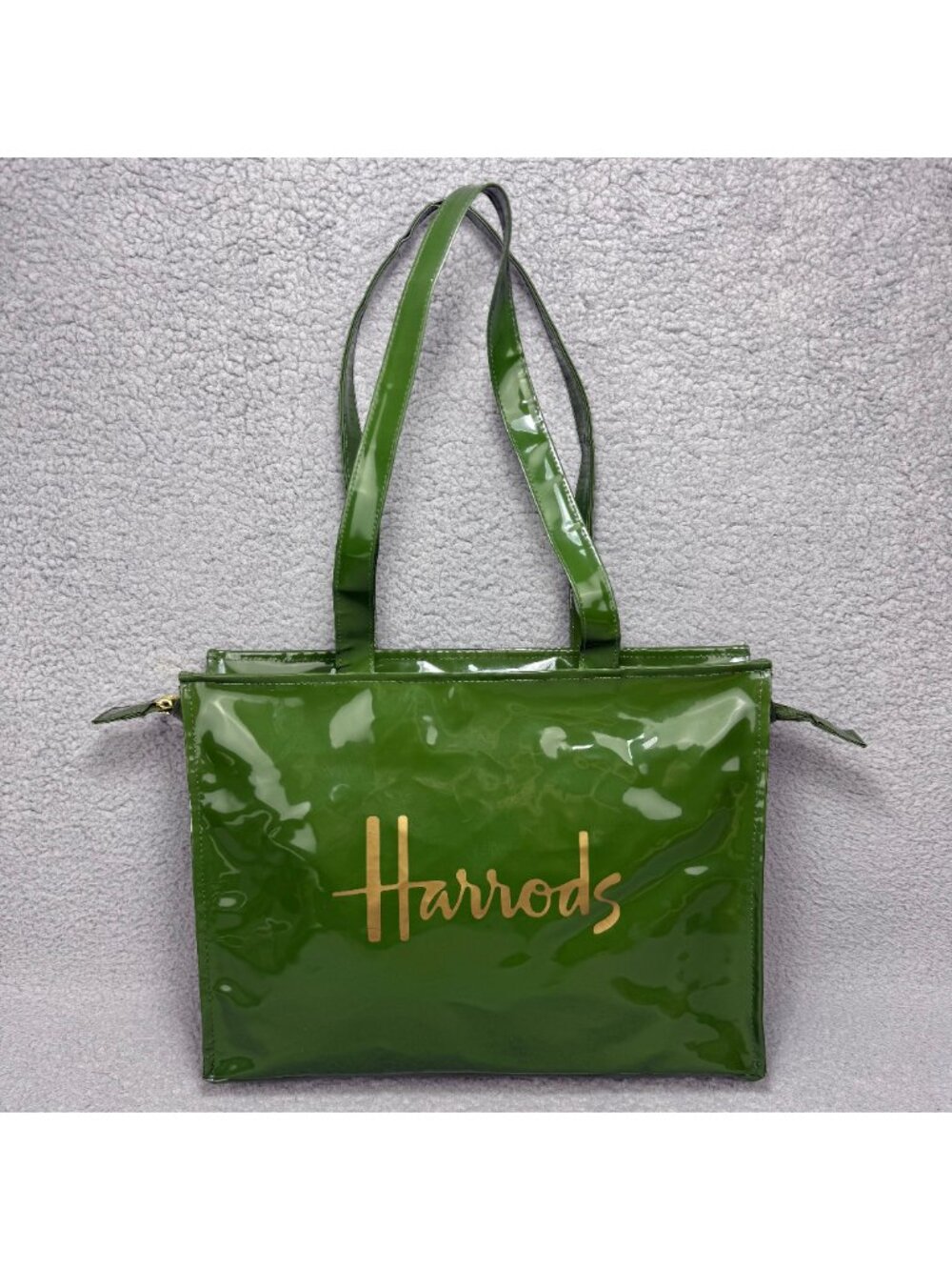 Harrods Tote Bag Large Green Vinyl London Shopper Shopping Shoulder Handbag